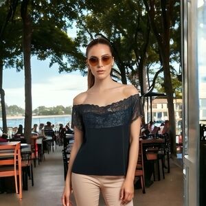 Women Top AVENUE OF THE STARS Off Shoulder Black Blouse Lace Top Line Shirt Top